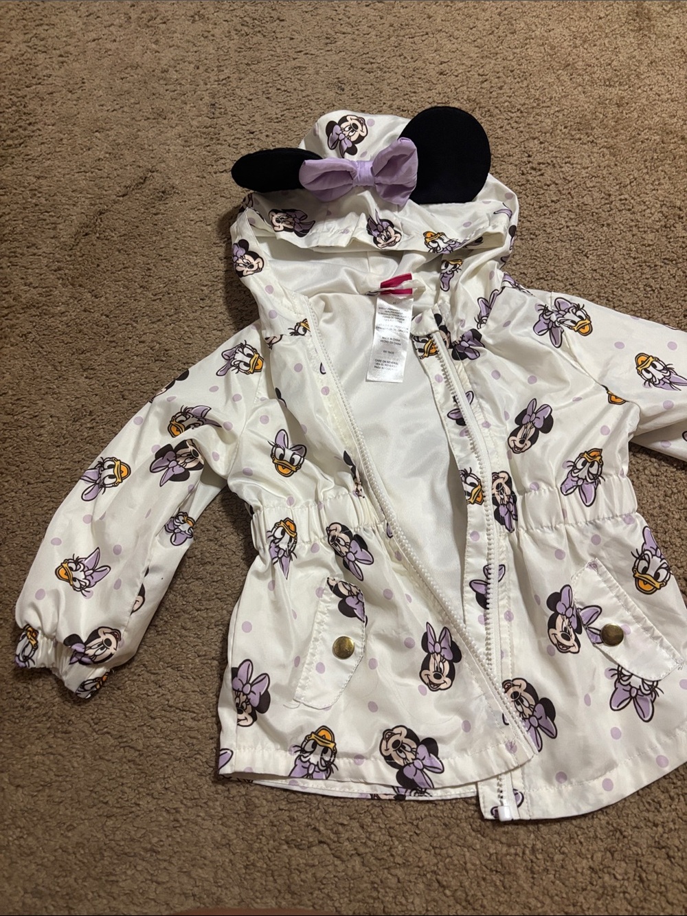 Girls Minnie Mouse Ear Hooded Rain Jacket - Lavender Bow Print